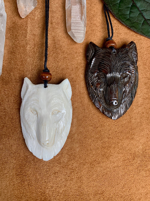 Hand Carved Black Wolf Pendant