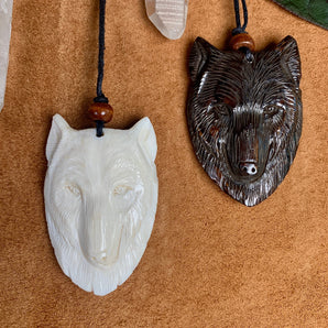 Hand Carved Black Wolf Pendant