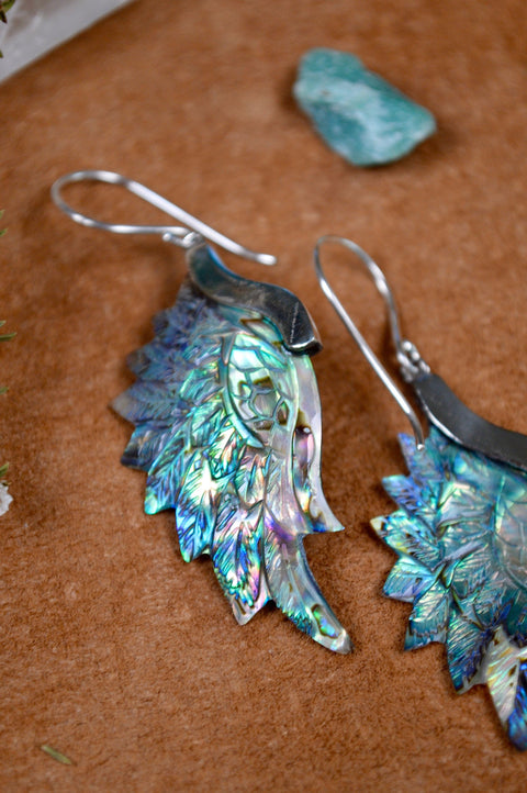 Hand Carved Paua Shell & 925 Sterling Silver Earrings.