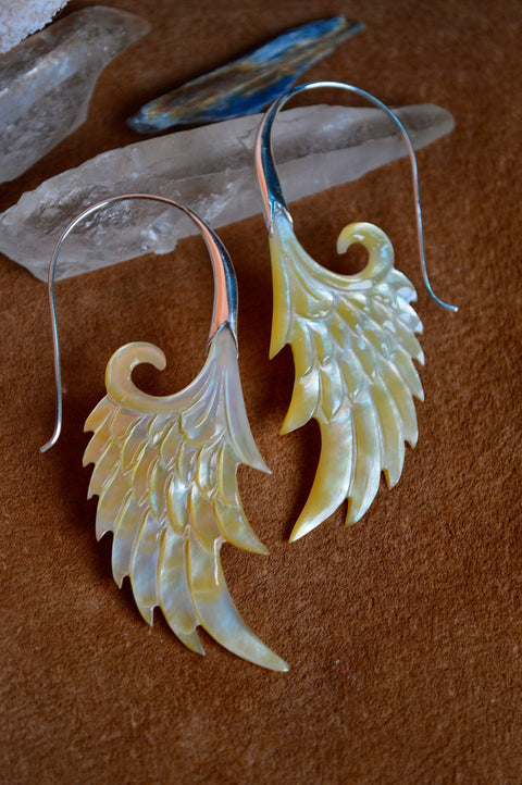 Hand carved Shell & Silver Wing Earrings