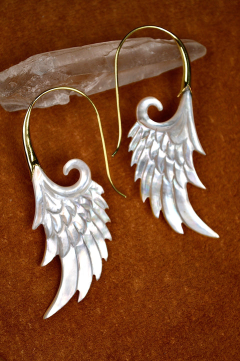 Hand Carved Shell and Brass Wing Earrings