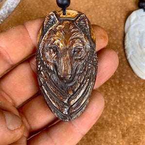 Hand-carved Sacred Full Moon Wolf Pendant