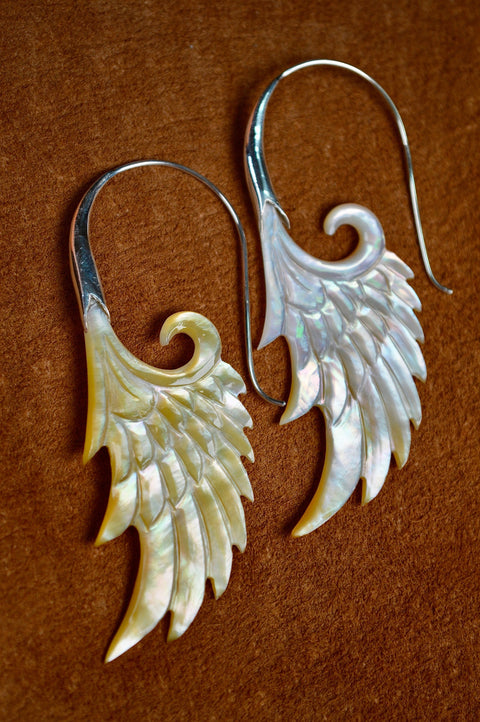 Hand carved Shell & Silver Wing Earrings