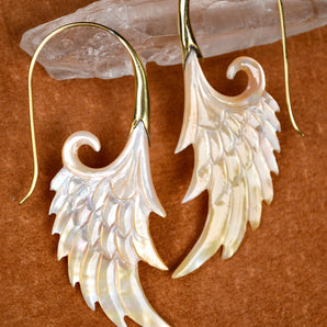 Hand Carved Shell and Brass Wing Earrings