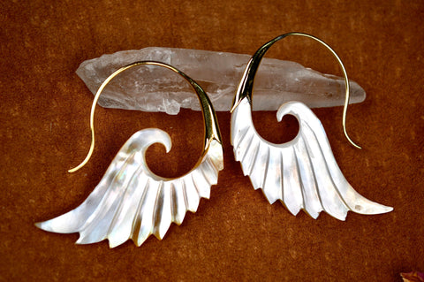 Hand carved Shell Wing Earrings.  Brass earrings