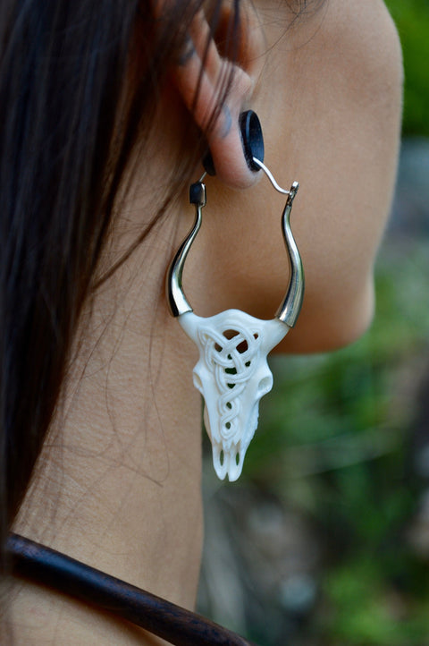 Hand Carved Bone & 925 Silver earrings Celtic Bull Earrings.