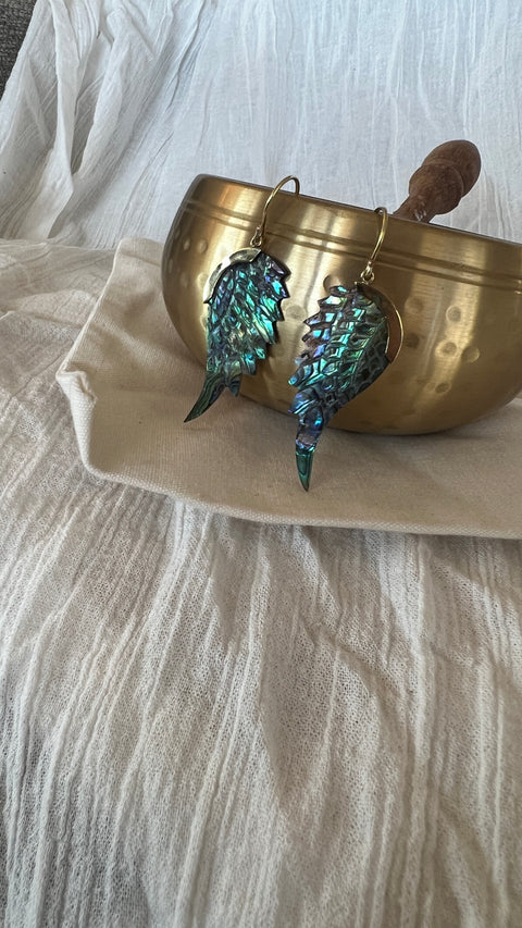 Hand Carved Paua Shell & Brass Earrings