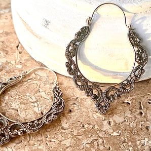 Ornate Silver Hoop Earrings