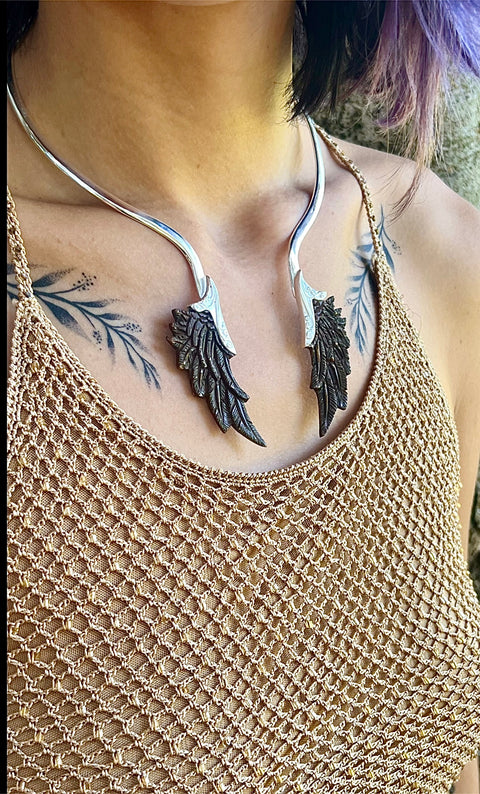 Hand Carved Wood & Silver Angel Wings Neck Collar