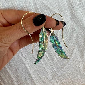 Hand Carved Paua Shell Feather Earrings