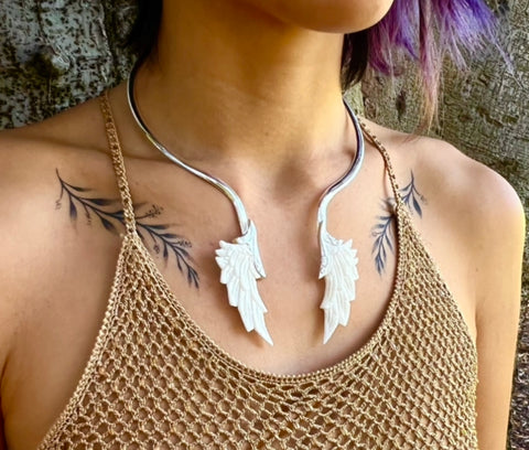 Hand Carved Bone & Silver Angel Collar