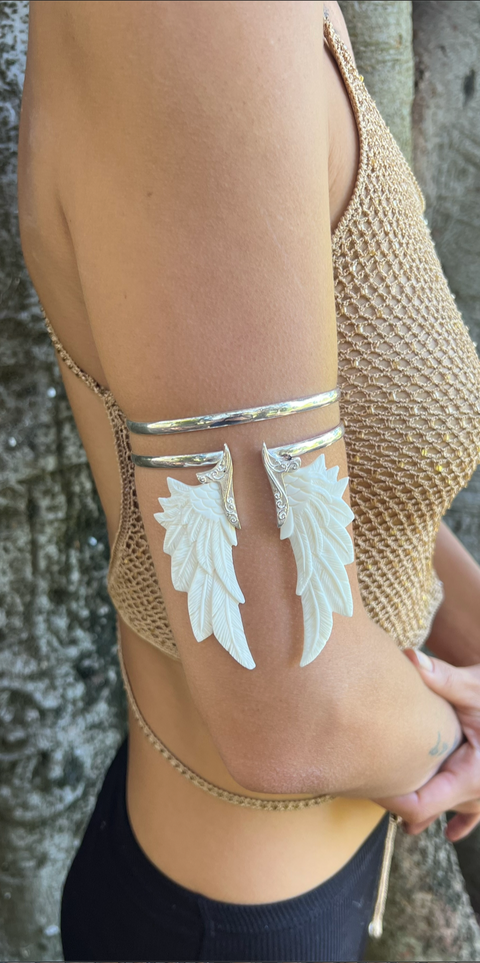 Hand Carved Bone & Silver Angel Armband