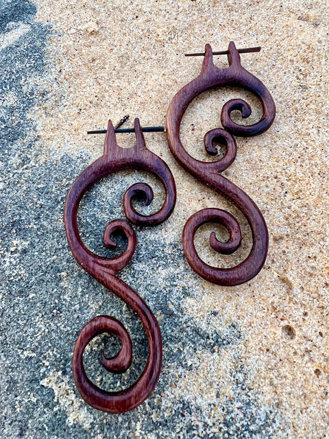 Vine Hand Carved Wood Earrings