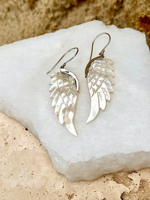 Hand Carved White Abalone Shell Silver Wing Earrings