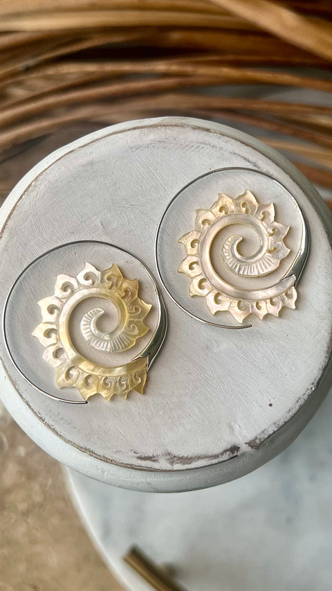 Hand Carved Shell & Silver Fern Earrings