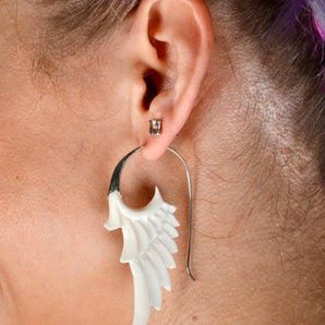 Hand Carved Bone & Silver Wing Earrings.