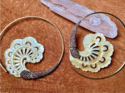 Hand Carved Shell & Brass Earrings