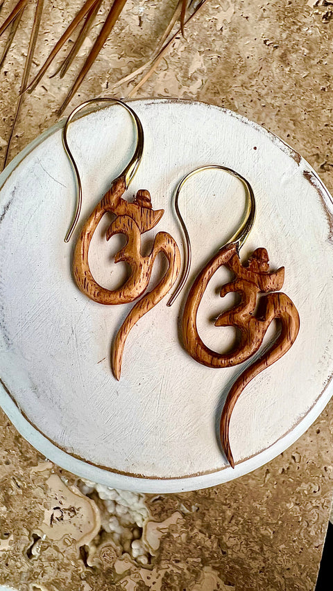 Hand Carved Wood & Brass Om Earrings