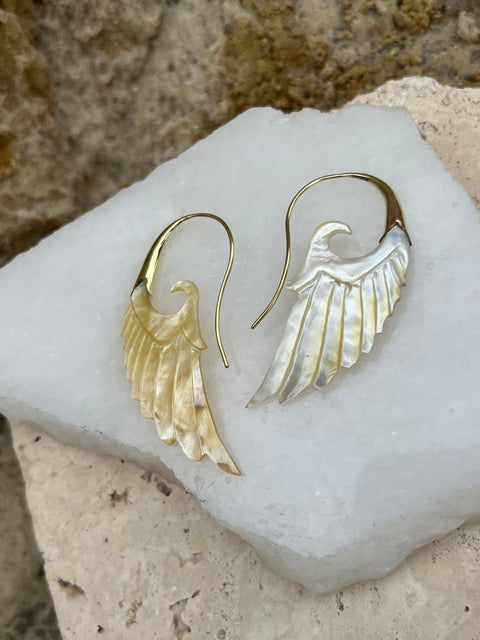 Hand Carved Shell & Brass Wing Earrings no