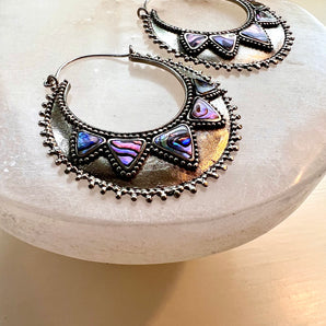 Silver & Paua Shell Gypsy Hoop Earrings