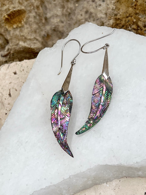 Hand Carved Paua shell & Sterling Silver Feather Earrings.