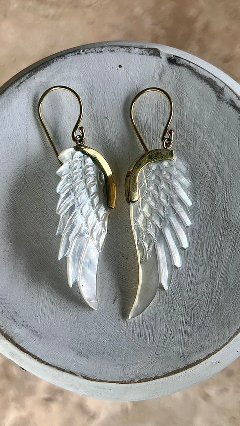 Hand Carved Shell & Brass Wing Earrings