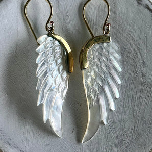 Hand Carved Shell & Brass Wing Earrings