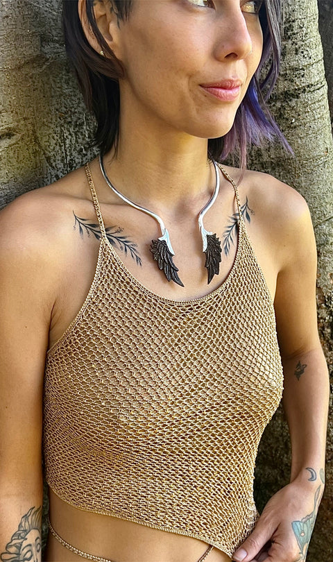 Hand Carved Wood & Silver Angel Wings Neck Collar