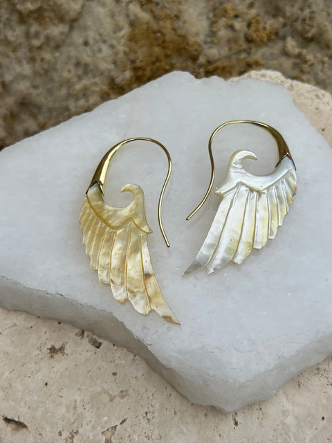 Hand Carved Shell & Brass Wing Earrings no