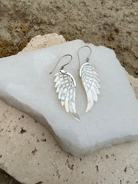Hand Carved White Abalone Shell & Silver Wing Earrings