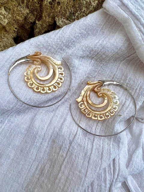 Hand Carved Shell & Silver  Earrings