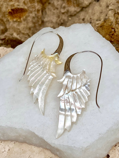 Hand Carved Shell & Silver Wing Earrings
