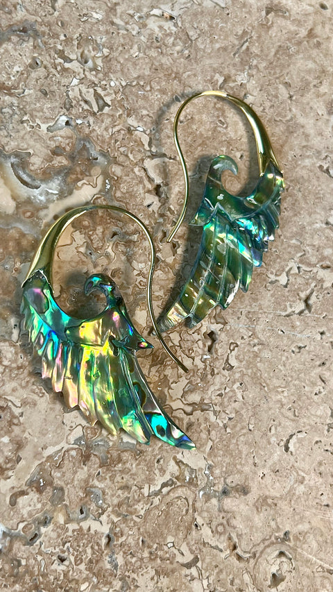 Hand Carved Paua Shell & Brass Wing Earrings