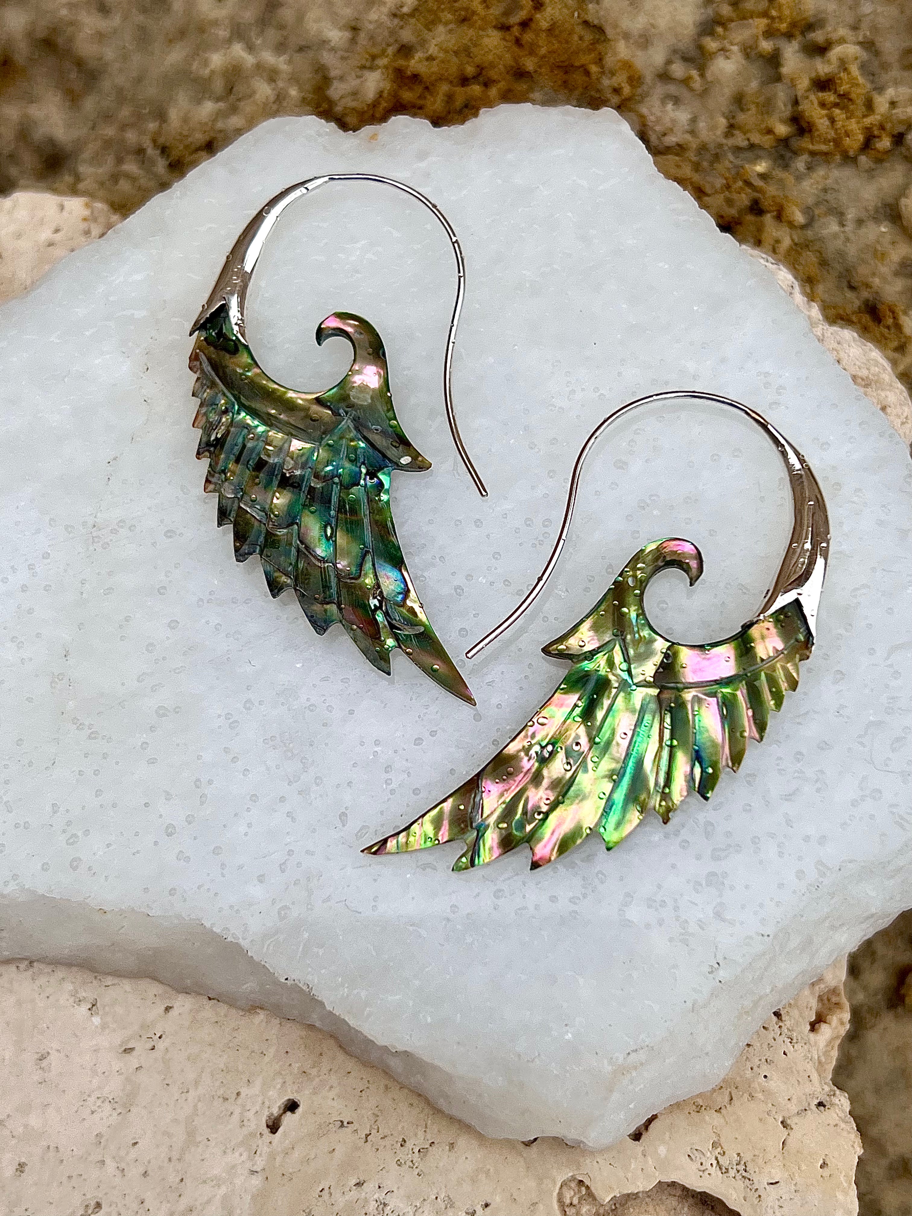 Hand Carved Paua Shell & Sterling Silver Wing earrings