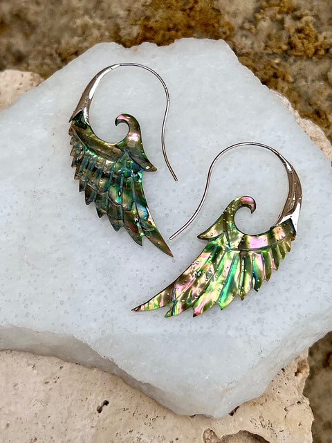 Hand Carved Paua Shell & Sterling Silver Wing earrings.