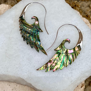 Hand Carved Paua Shell & Sterling Silver Wing earrings.