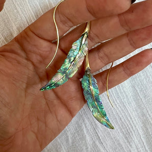 Hand Carved Paua Shell Feather Earrings