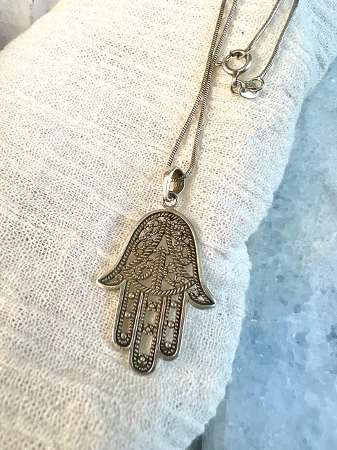 Silver Hamsa Hand Pendant & Chain