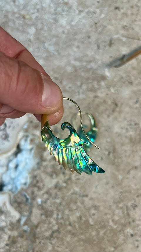 Hand Carved Paua Shell & Brass Wing Earrings