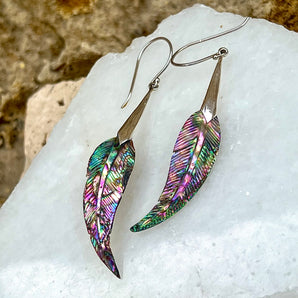 Hand Carved Paua shell & Sterling Silver Feather Earrings.