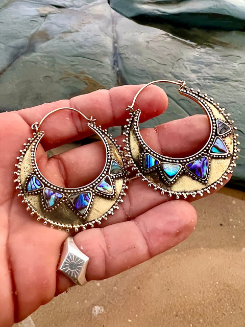 Brass Paua Shell Gypsy Hoop Earrings