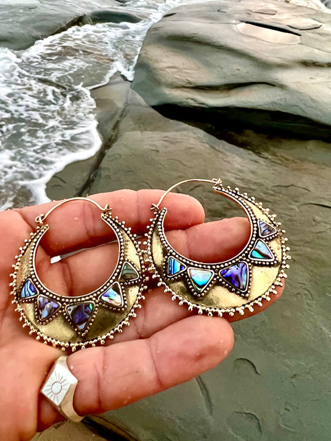 Brass Paua Shell Gypsy Hoop Earrings Ishikadesigns