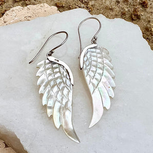 Hand Carved White Abalone Shell & Silver Wing Earrings