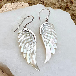 Hand Carved White Abalone Shell & Silver Wing Earrings