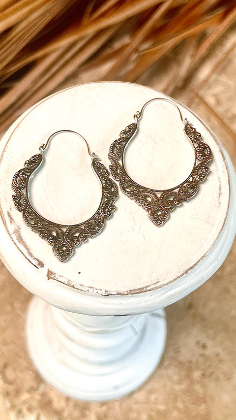 Ornate Silver Hoop Earrings