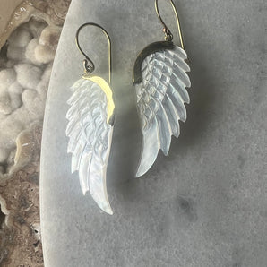 Hand Carved Shell & Brass Wing Earrings
