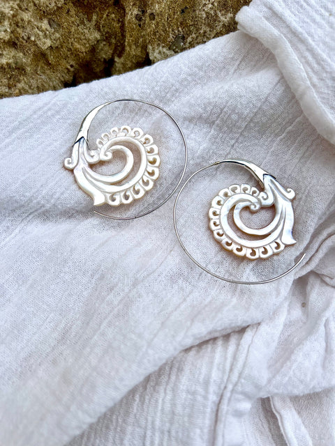 Hand Carved Shell & Silver  Earrings