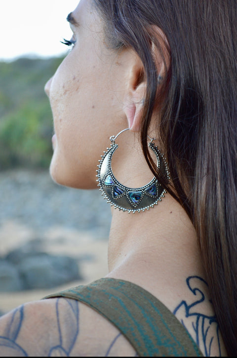 Silver & Paua Shell Gypsy Hoop Earrings