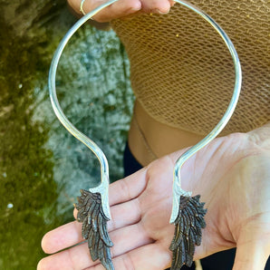 Hand Carved Wood & Silver Angel Wings Neck Collar